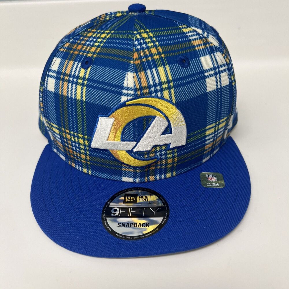 Los Angeles Rams New Era 2024 Sideline Statement 9FIFTY Snapback Hat Blue Plaid
